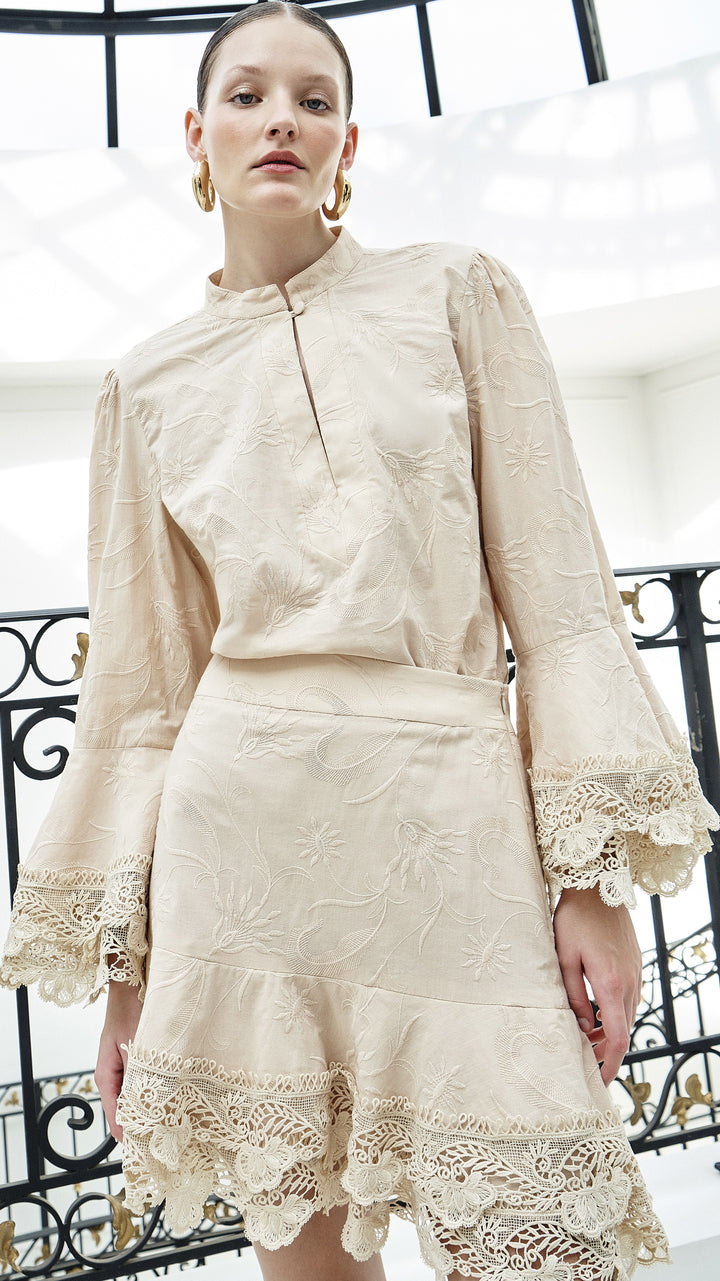 Anne Fernandes Lace Shirt+Skirt Set