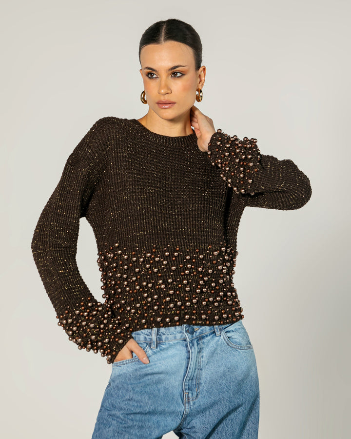Blusa Tricot Bordado Pérolas