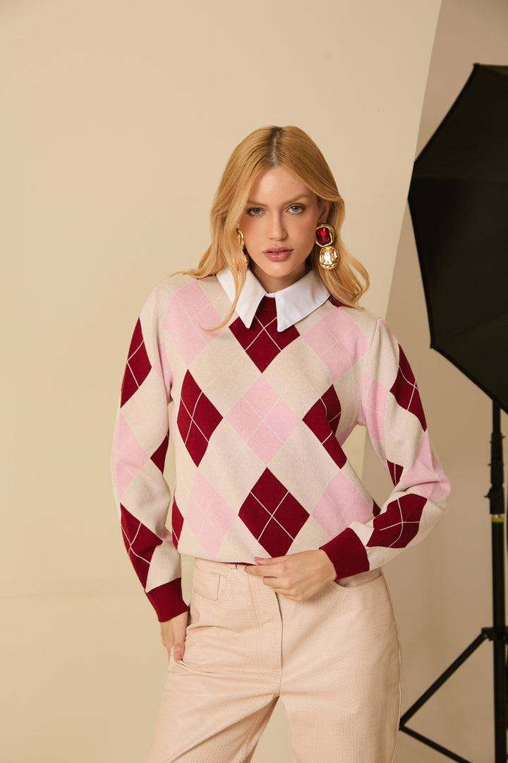 Checkered Knit Blouse with Collar