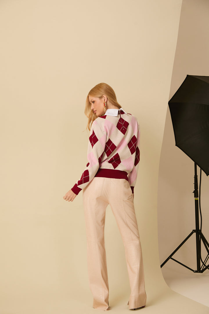 Checkered Knit Blouse with Collar