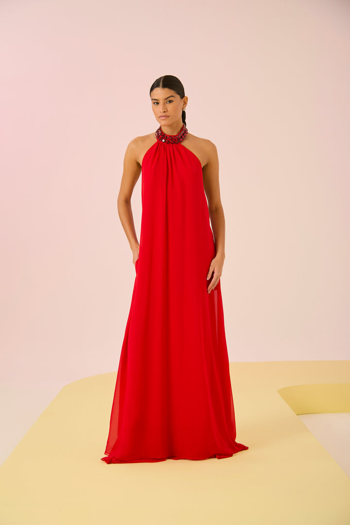 Long Dress with Embroidered Collar