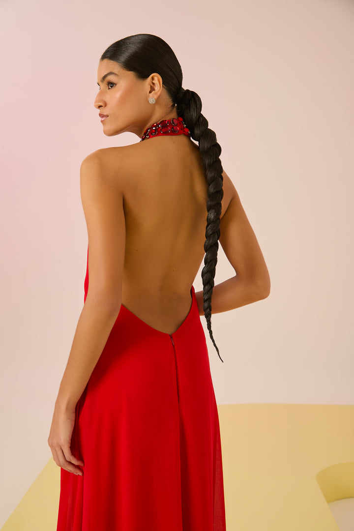 Long Dress with Embroidered Collar