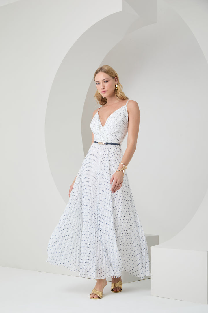 Long Pleated Polka Dot Dress