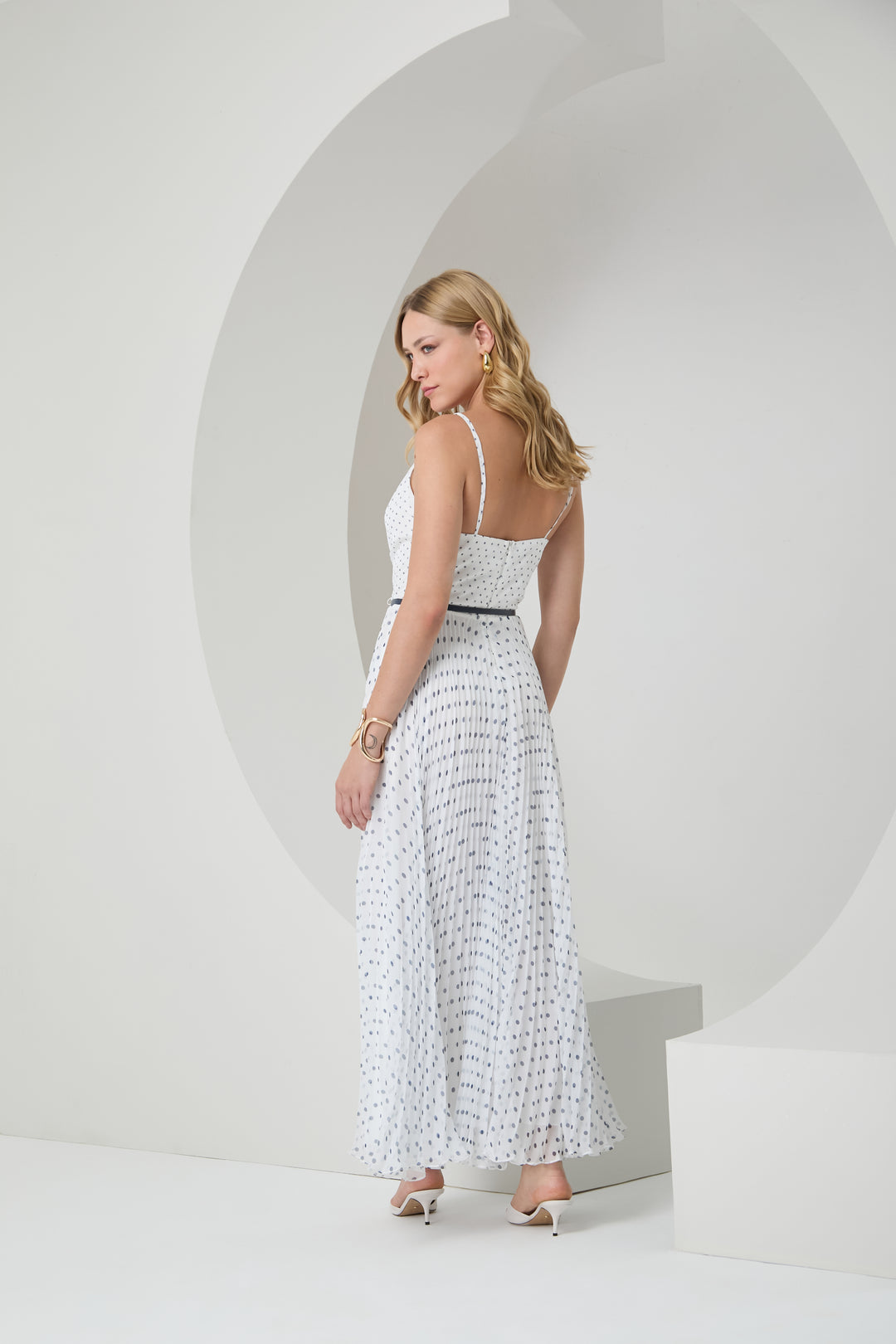 Long Pleated Polka Dot Dress