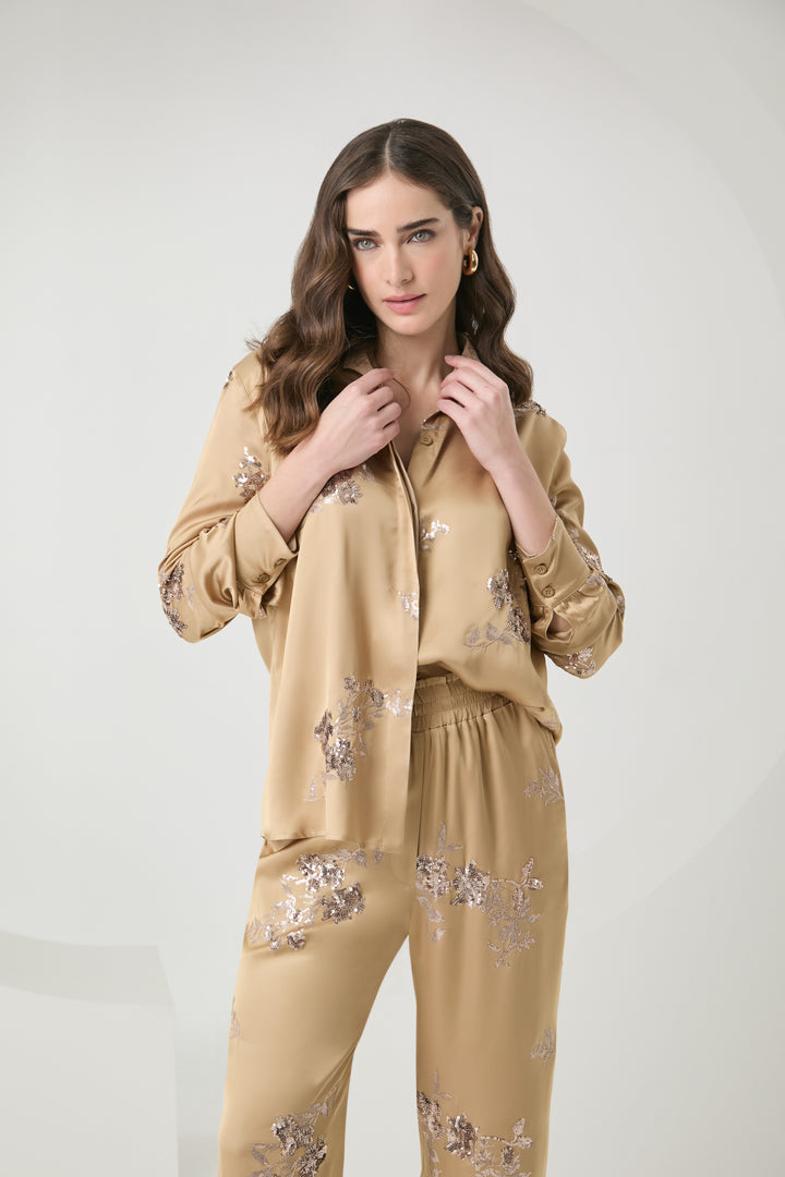 Satin Embroidered Shirt+Pants Set