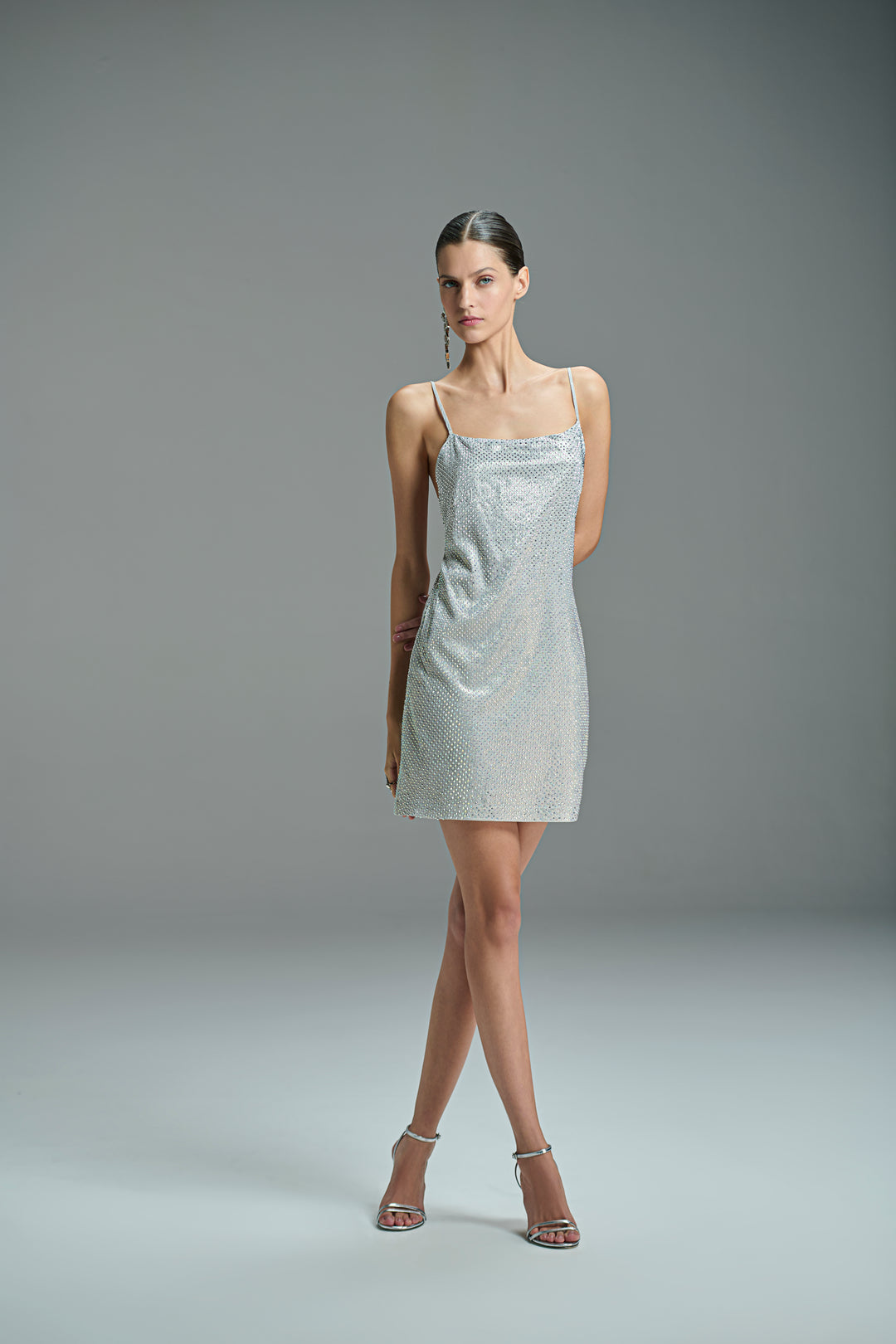 silver lame mini dress Silver metallic long-sleeve sequined mini dress L / 8 / Silver