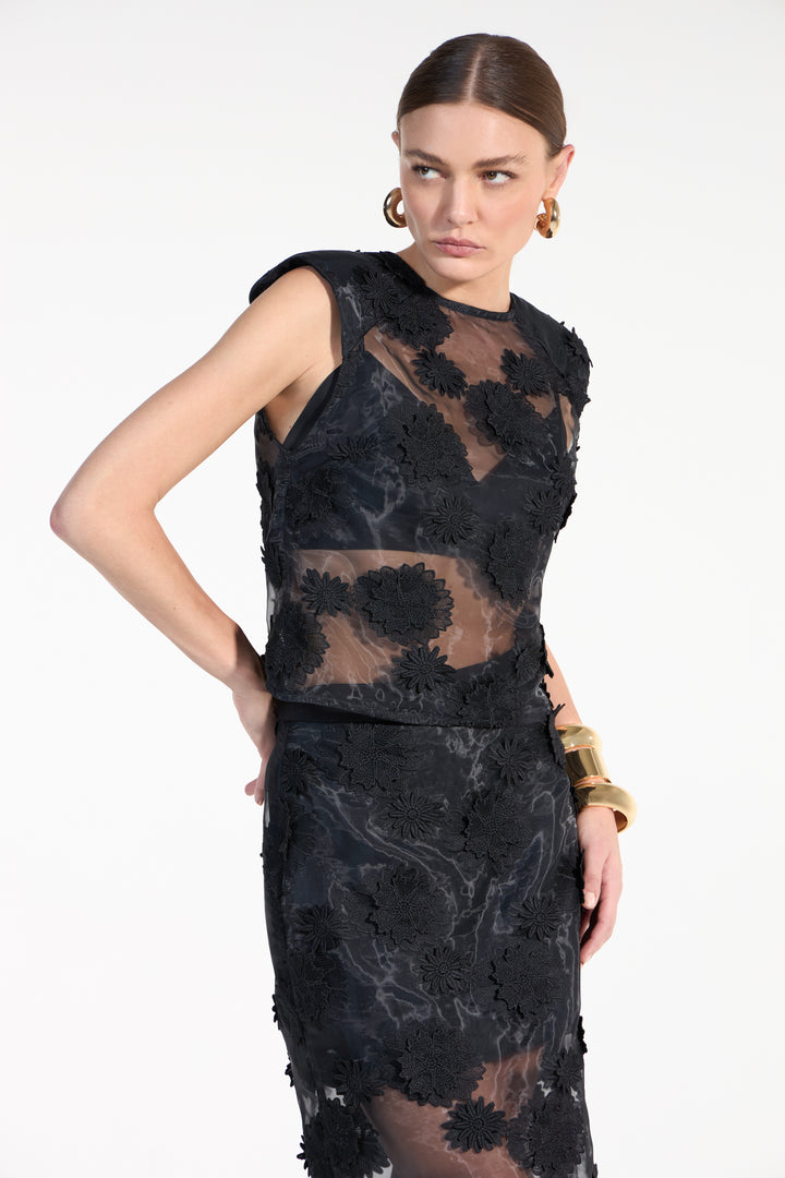 Conjunto Blusa+Saia Organza Flores