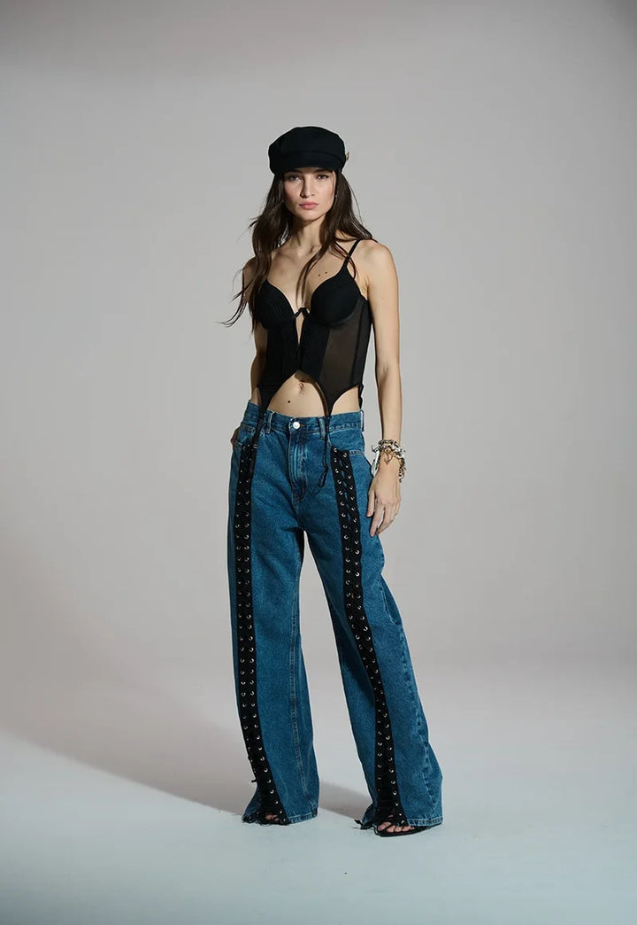 Calça Jeans Wide Leg Trançada