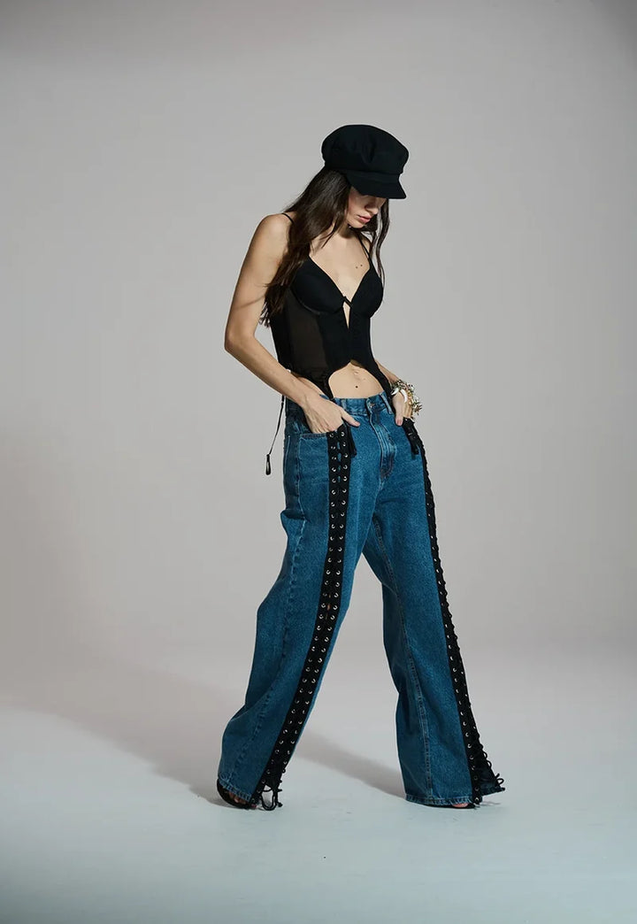 Calça Jeans Wide Leg Trançada