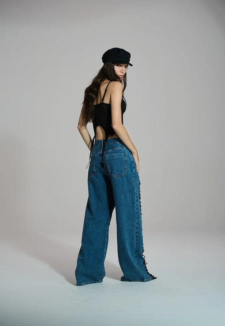 Calça Jeans Wide Leg Trançada