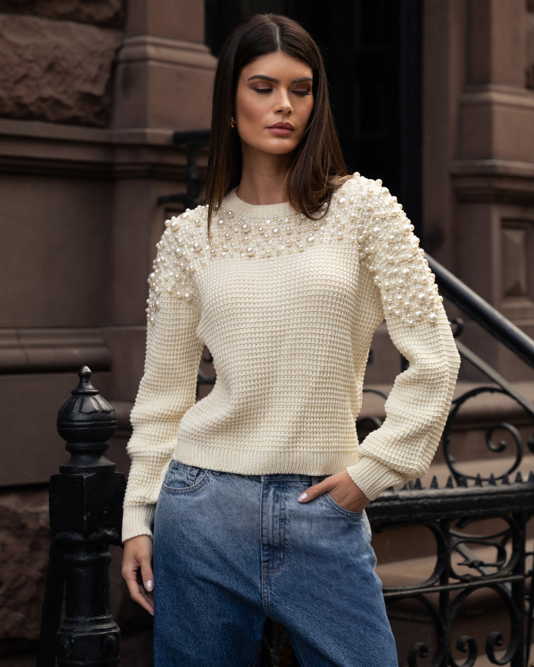 Pearl Embroidery Knit Blouse