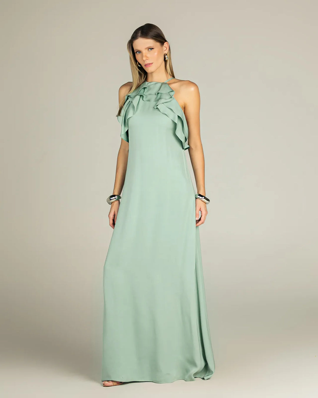 Long Dress with Ruffled Neckline