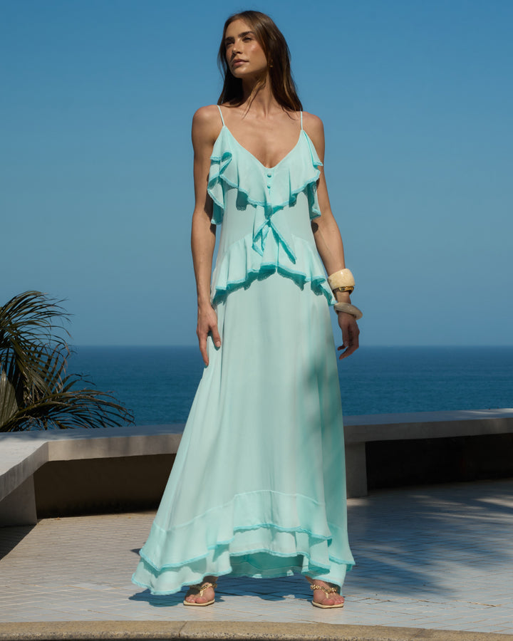 Long Aqua Ruffled Dress