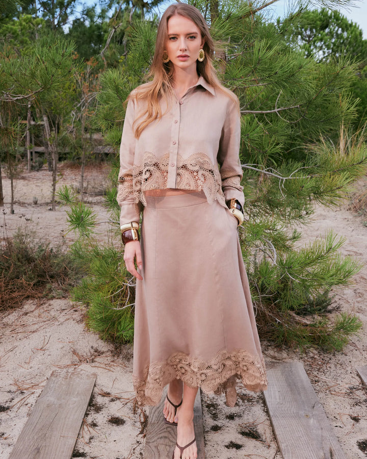 Conjunto Linho Renda Camisa+Saia Midi