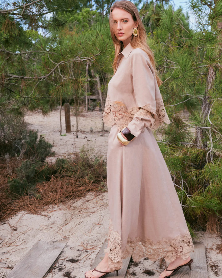 Conjunto Linho Renda Camisa+Saia Midi