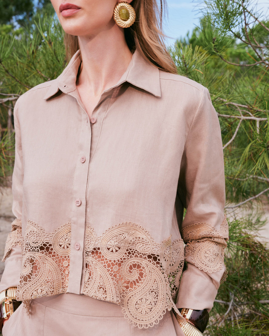 Conjunto Linho Renda Camisa+Saia Midi