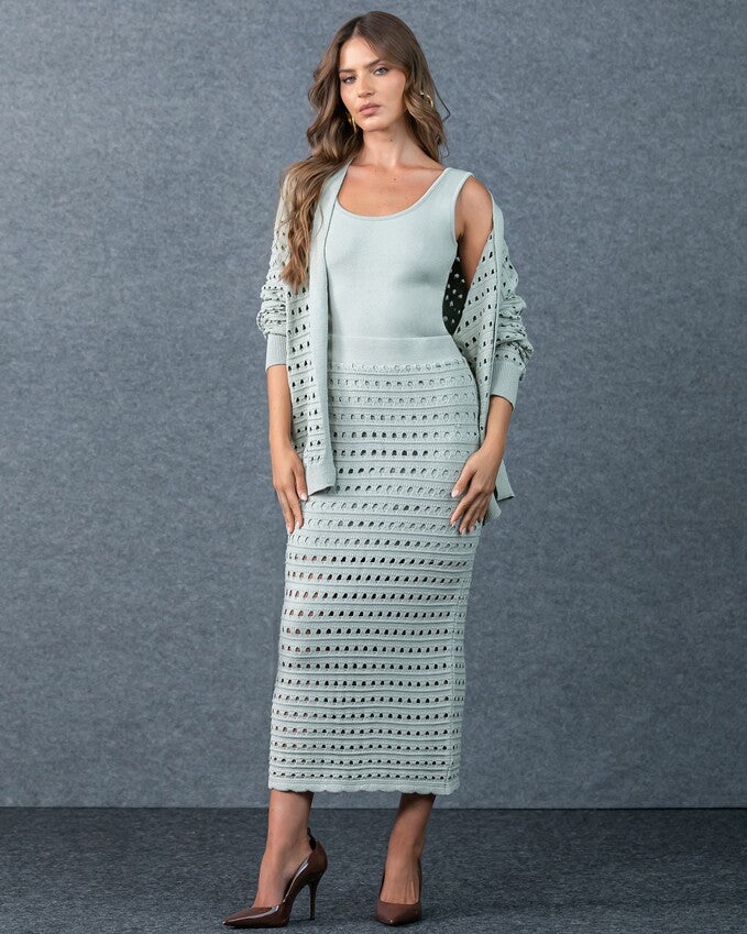 Midi Skirt+Cardigan+Tank Top Set