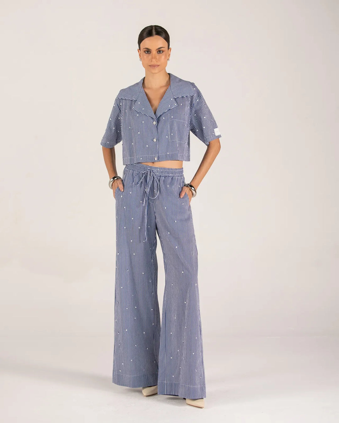 Embroidered Cropped Top+Pants Set
