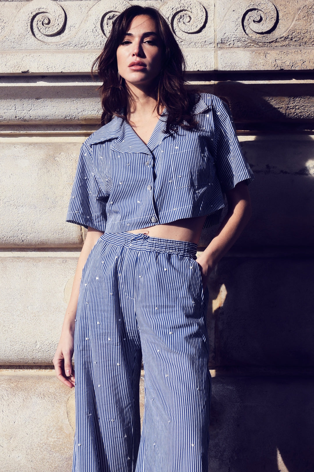 Embroidered Cropped Top+Pants Set