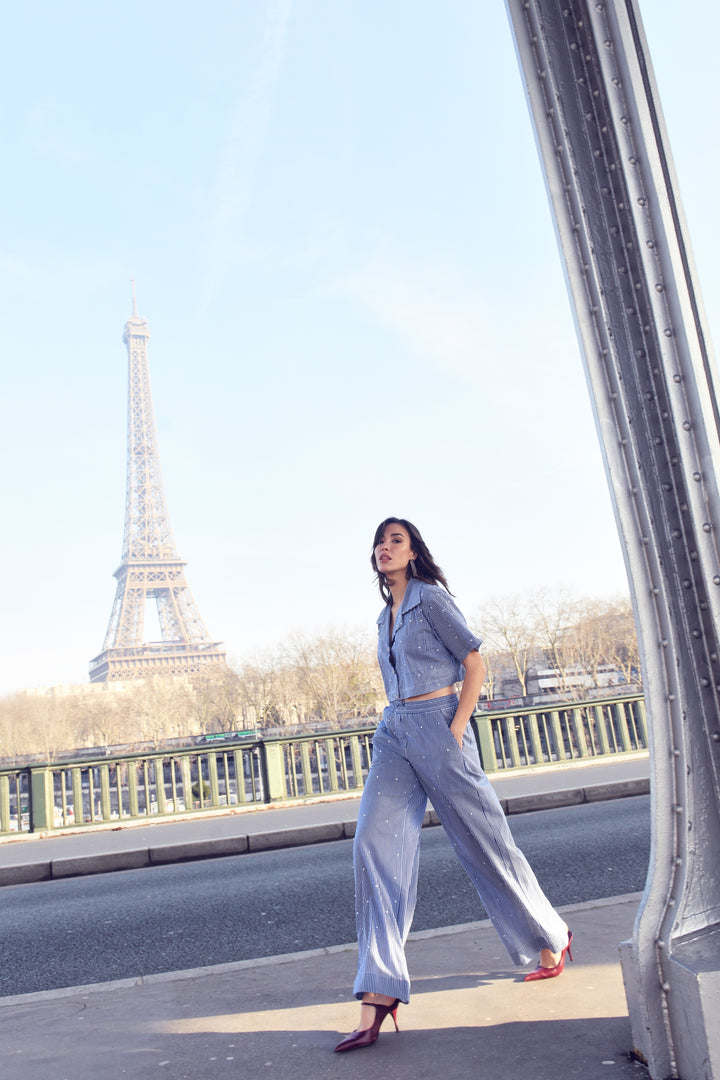 Embroidered Cropped Top+Pants Set