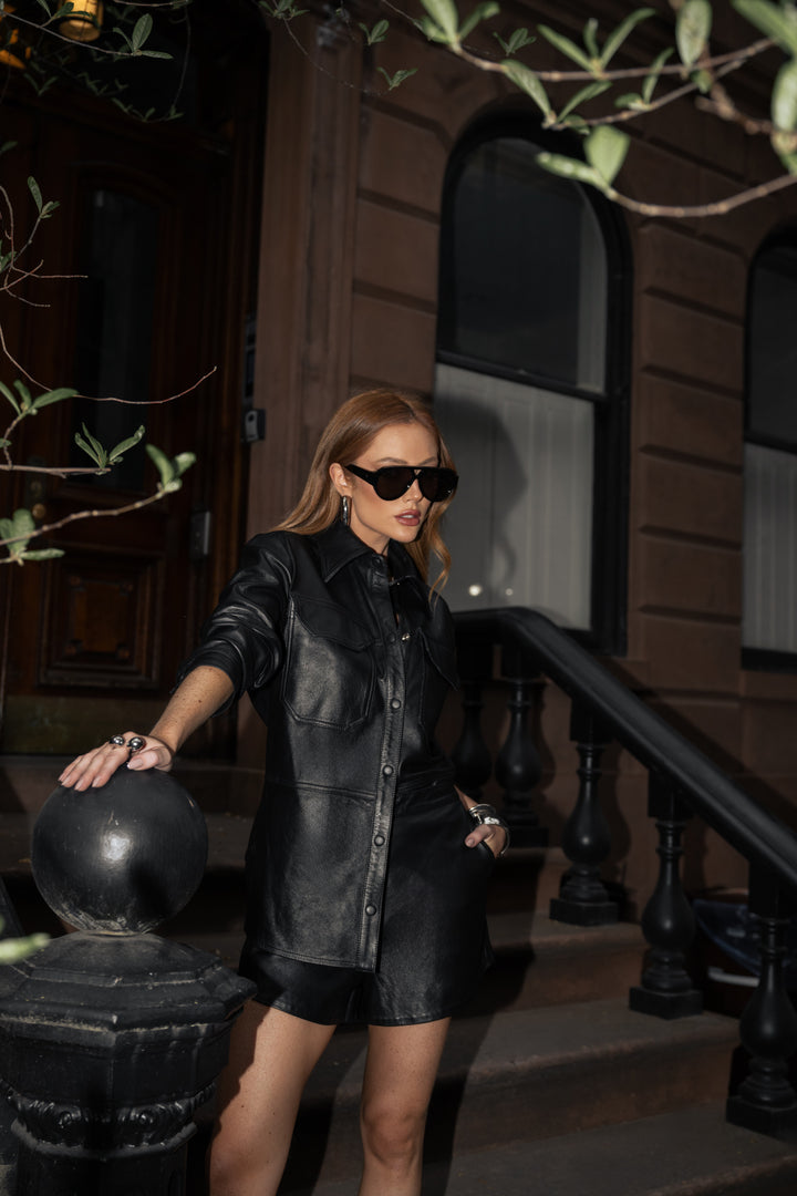 Leather Shirt+Shorts Set