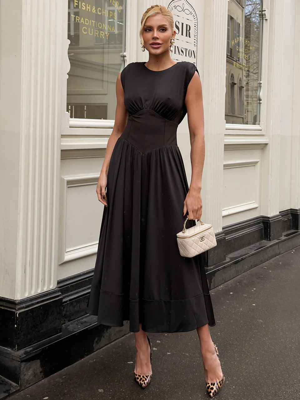 Midi Dress with Shoulder Pads
