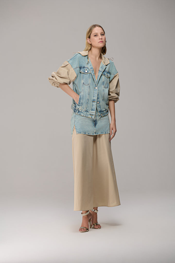 Mixed Texture Denim Jacket with Hood