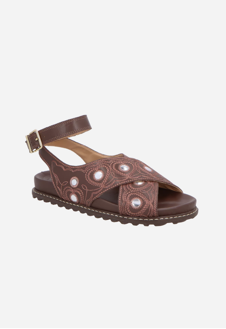 Embroidered Leather Flatform Sandals