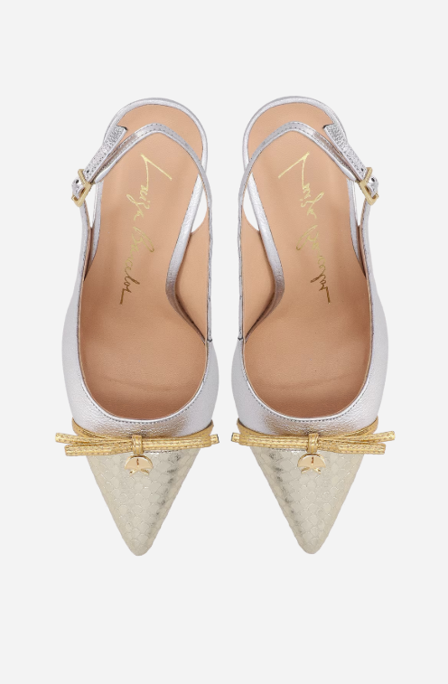 Scarpin Slingback Couro Metalizado Laço