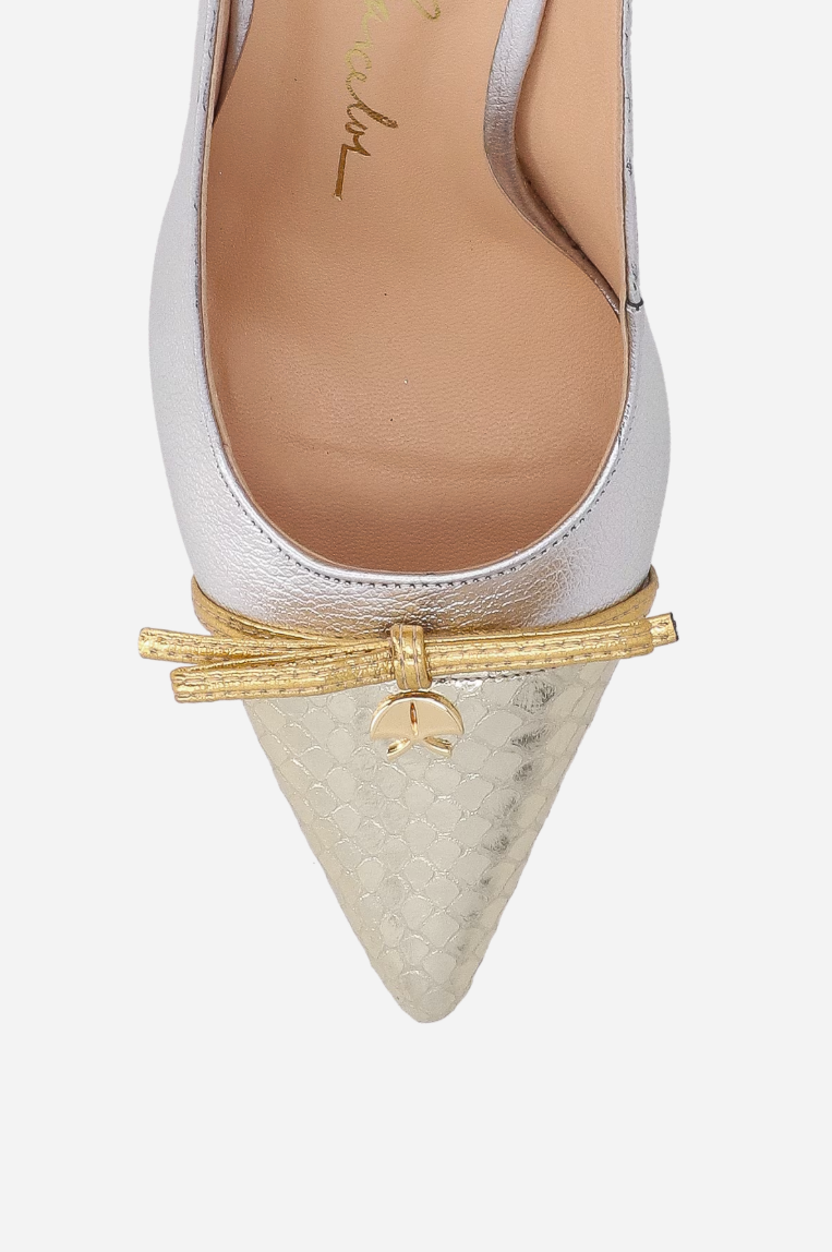 Scarpin Slingback Couro Metalizado Laço