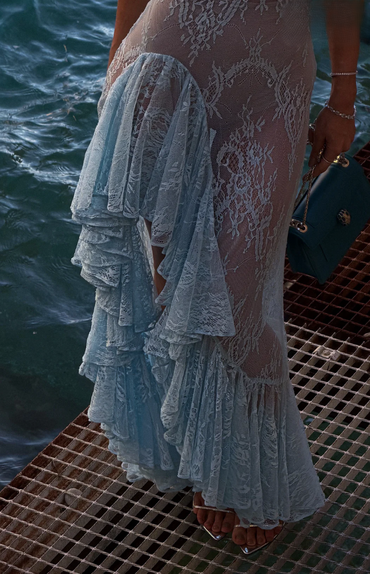 Vestido Midi Renda Barra Assimétrica