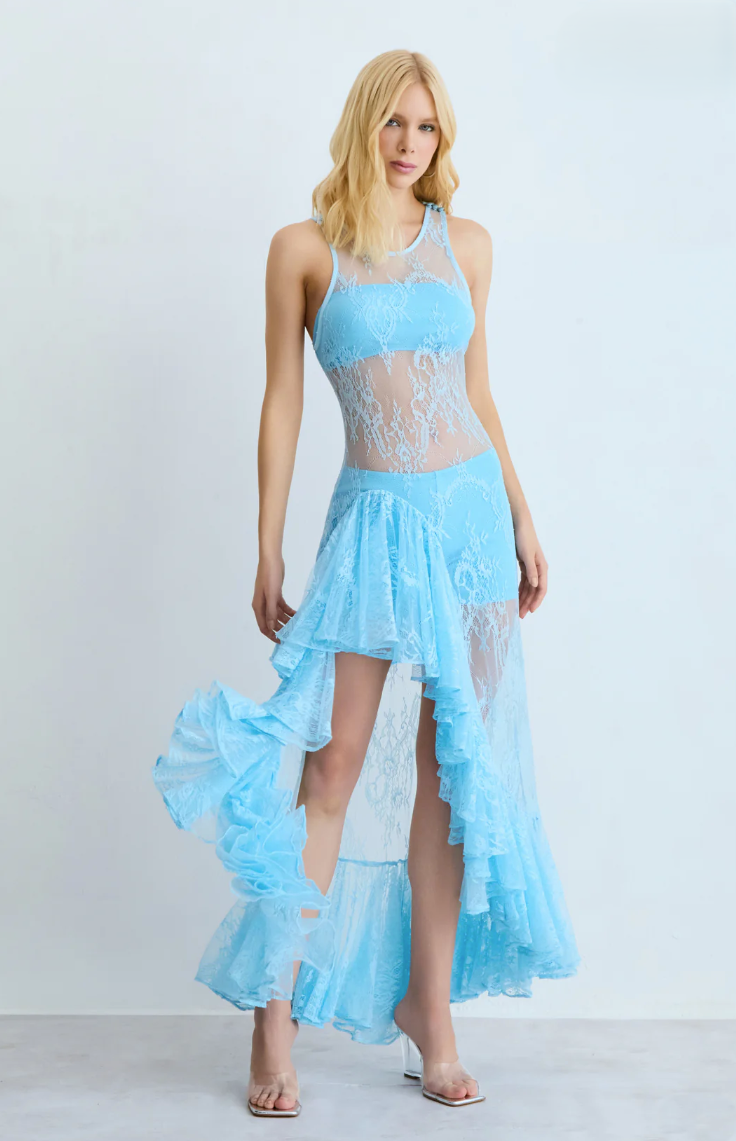Vestido Midi Renda Barra Assimétrica