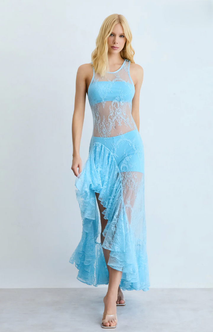 Vestido Midi Renda Barra Assimétrica