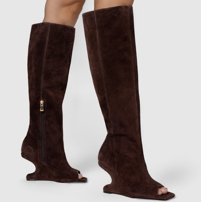 Curve Anabela Peep Toe Leather Boots