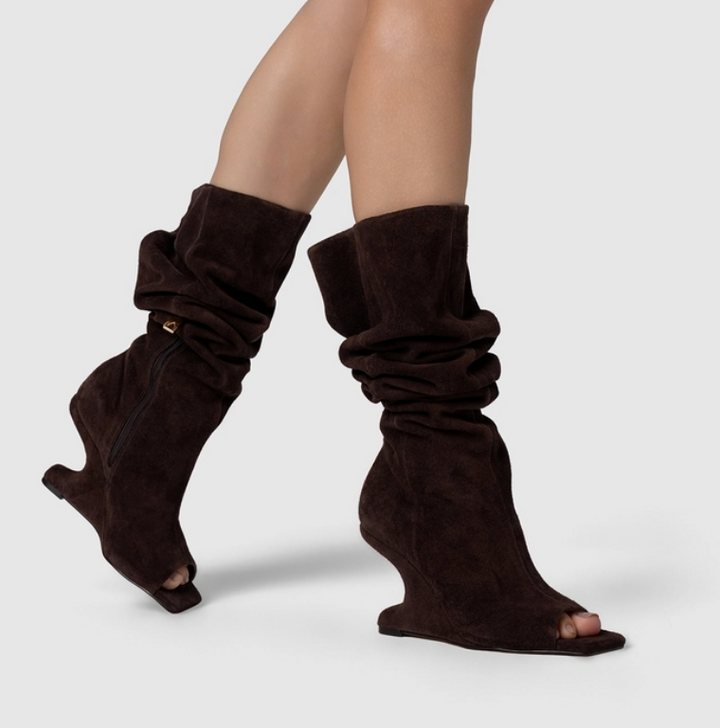 Curve Anabela Peep Toe Leather Boots