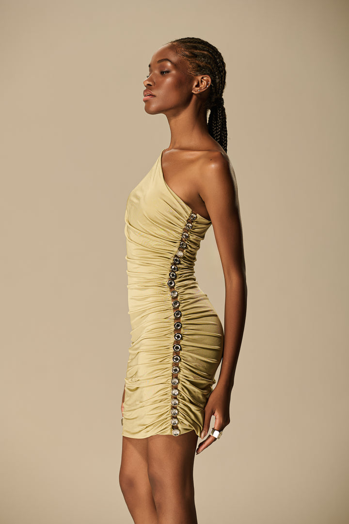 Vestido Curto Assimétrico Bordado Crystal