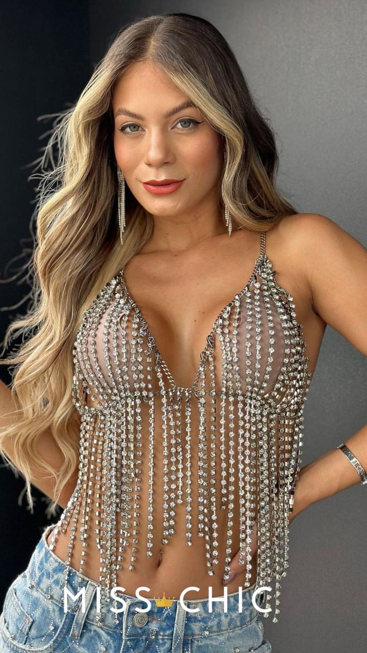 Top Franja Strass Caos