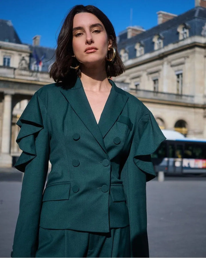 Tailored Pants and Ruffled Blazer Set