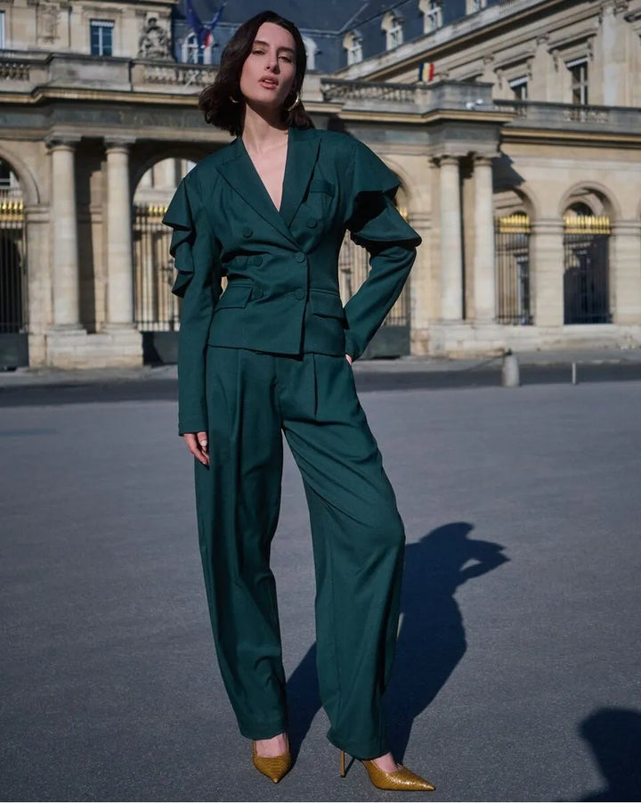 Tailored Pants and Ruffled Blazer Set