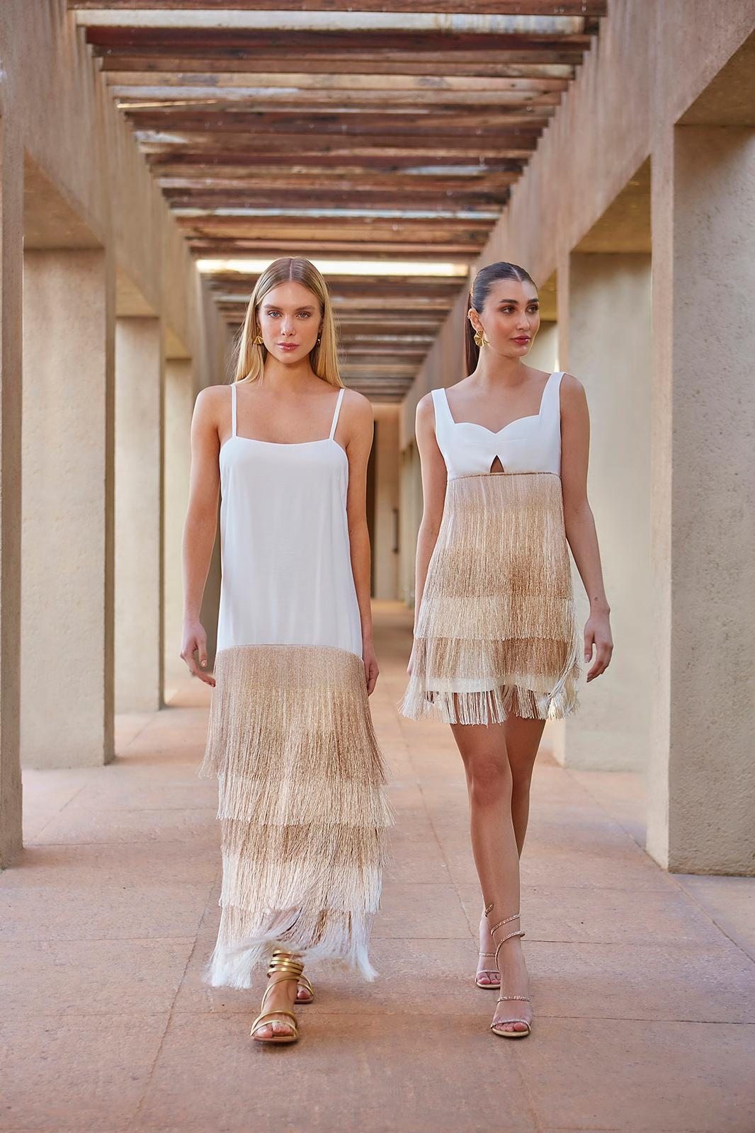 Anne Fernandes Long Dress with Fringe Skirt