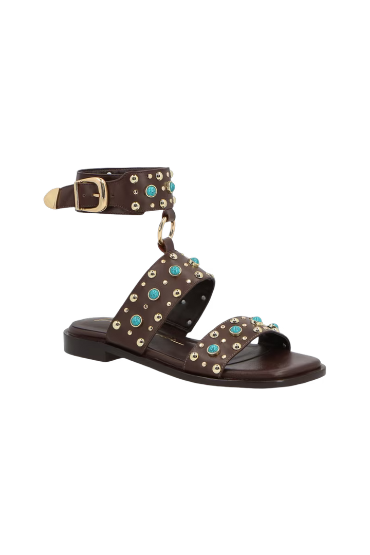 Leather Flat Sandal with Rhinestones