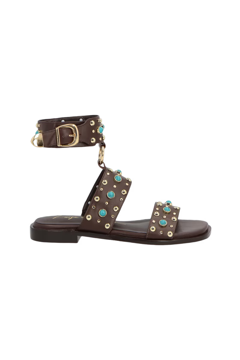 Leather Flat Sandal with Rhinestones