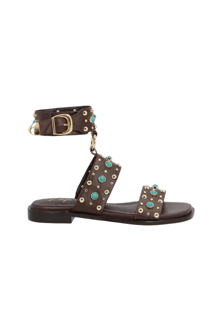 Leather Flat Sandal with Rhinestones