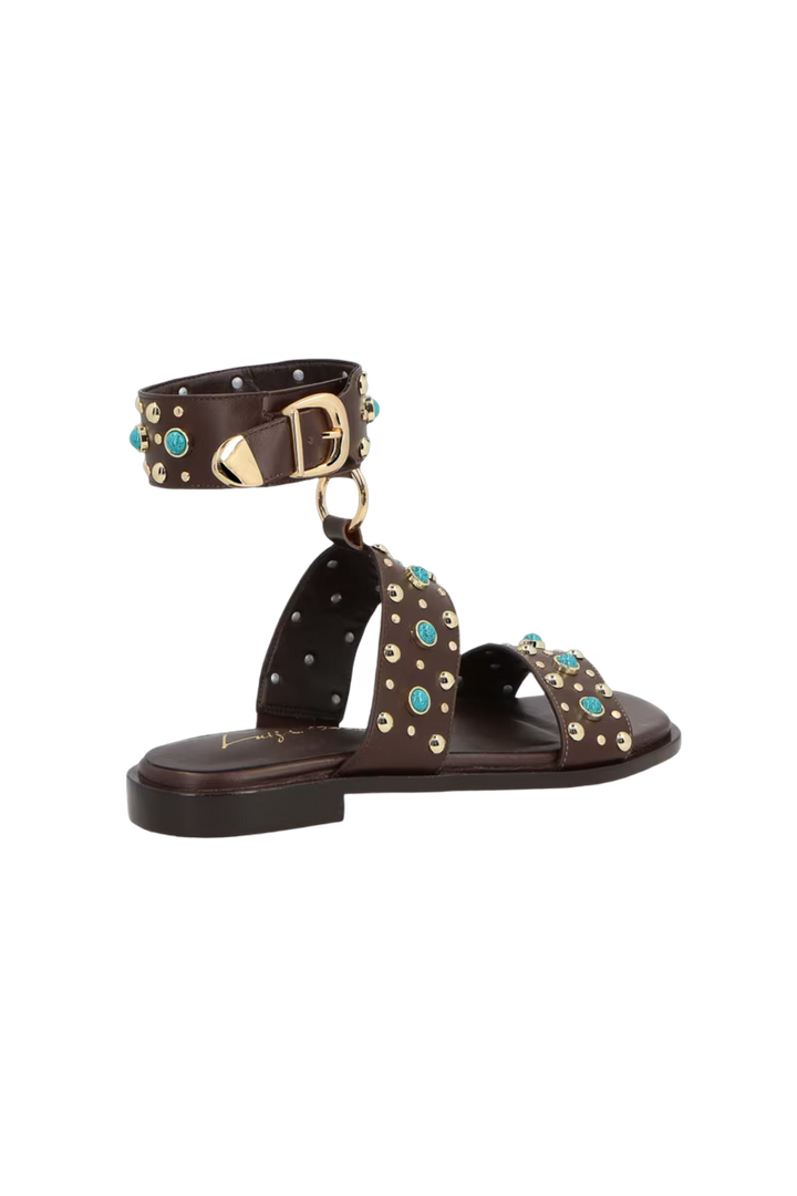 Leather Flat Sandal with Rhinestones