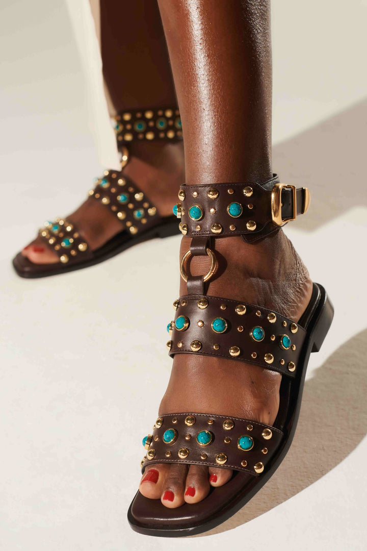 Leather Flat Sandal with Rhinestones