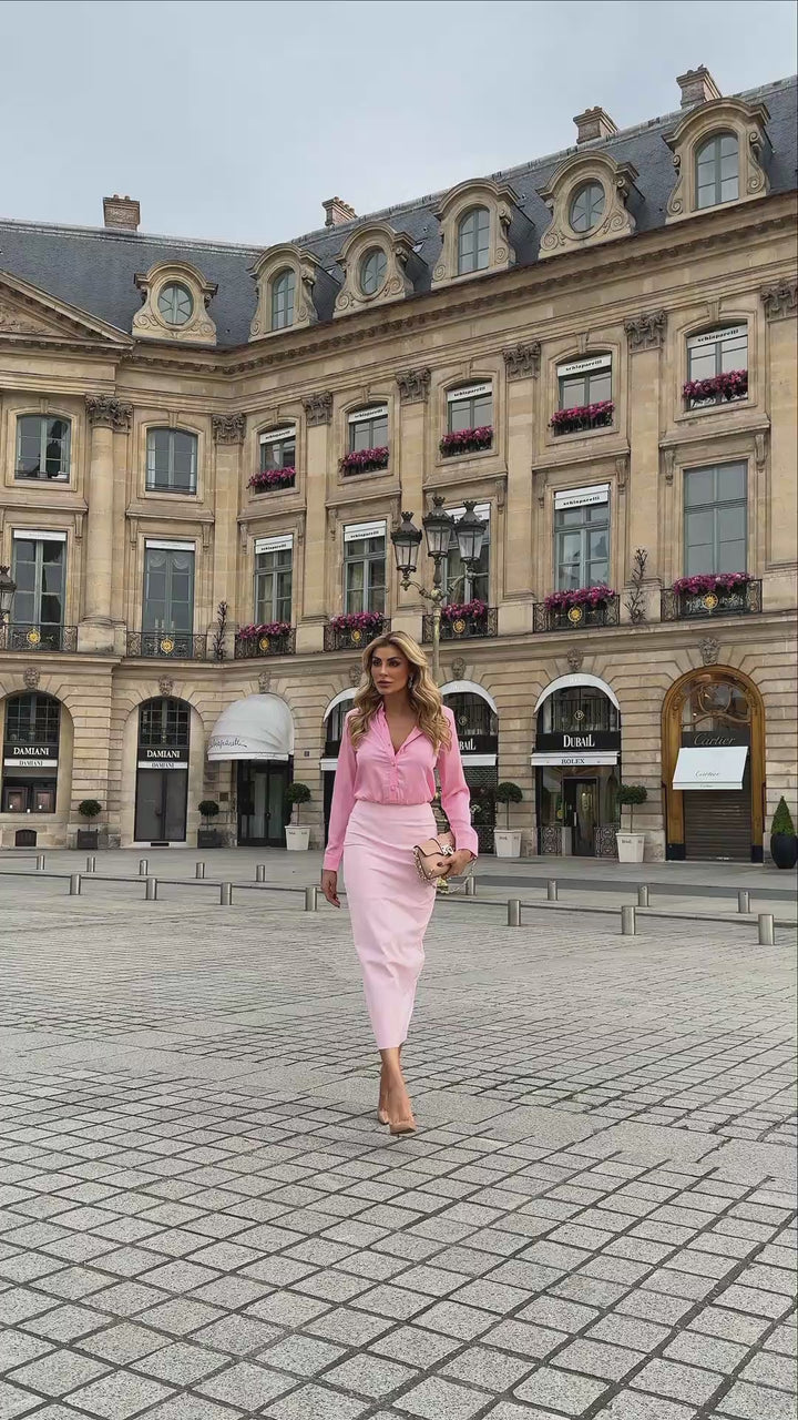 Pink Lemonade Satin Midi Skirt + Shirt Set