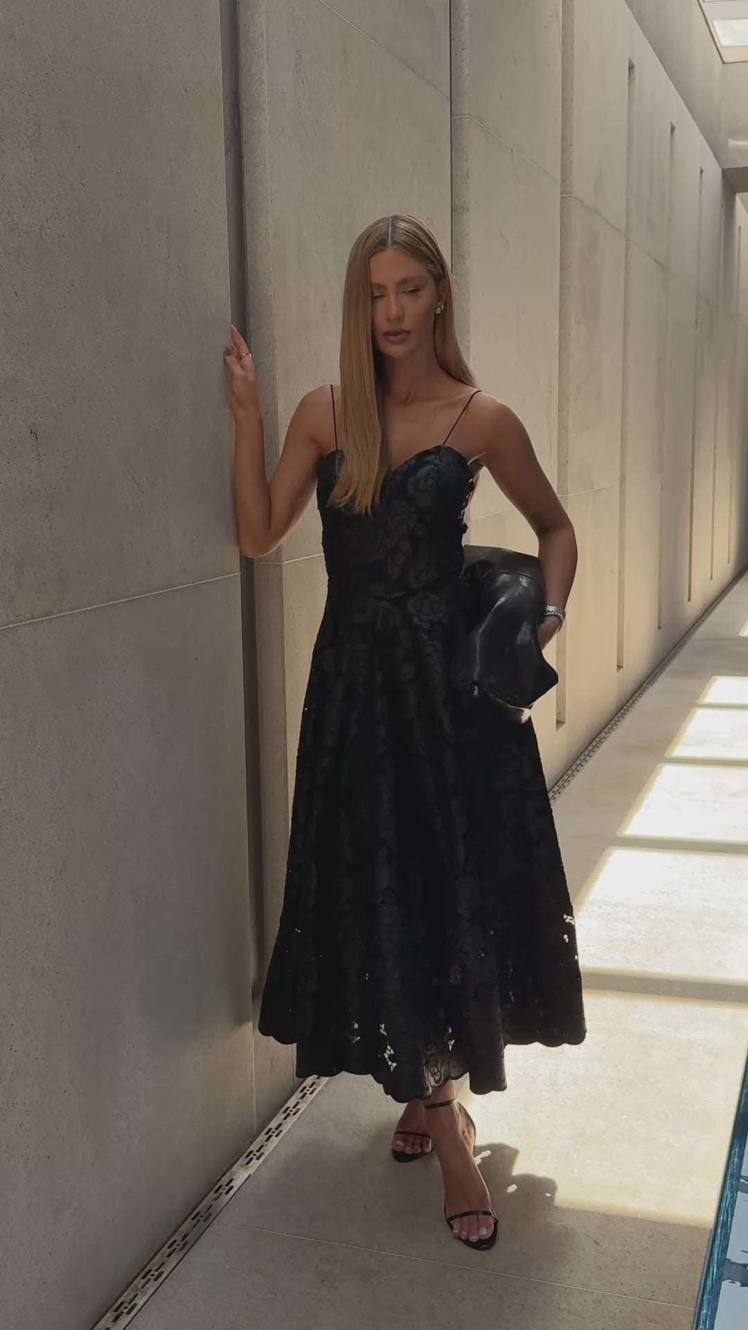 Synthetic Leather Godet Midi Dress