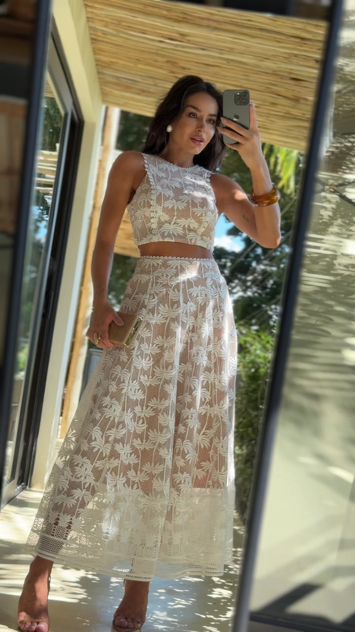 Lace Top+Midi Godet Skirt Set