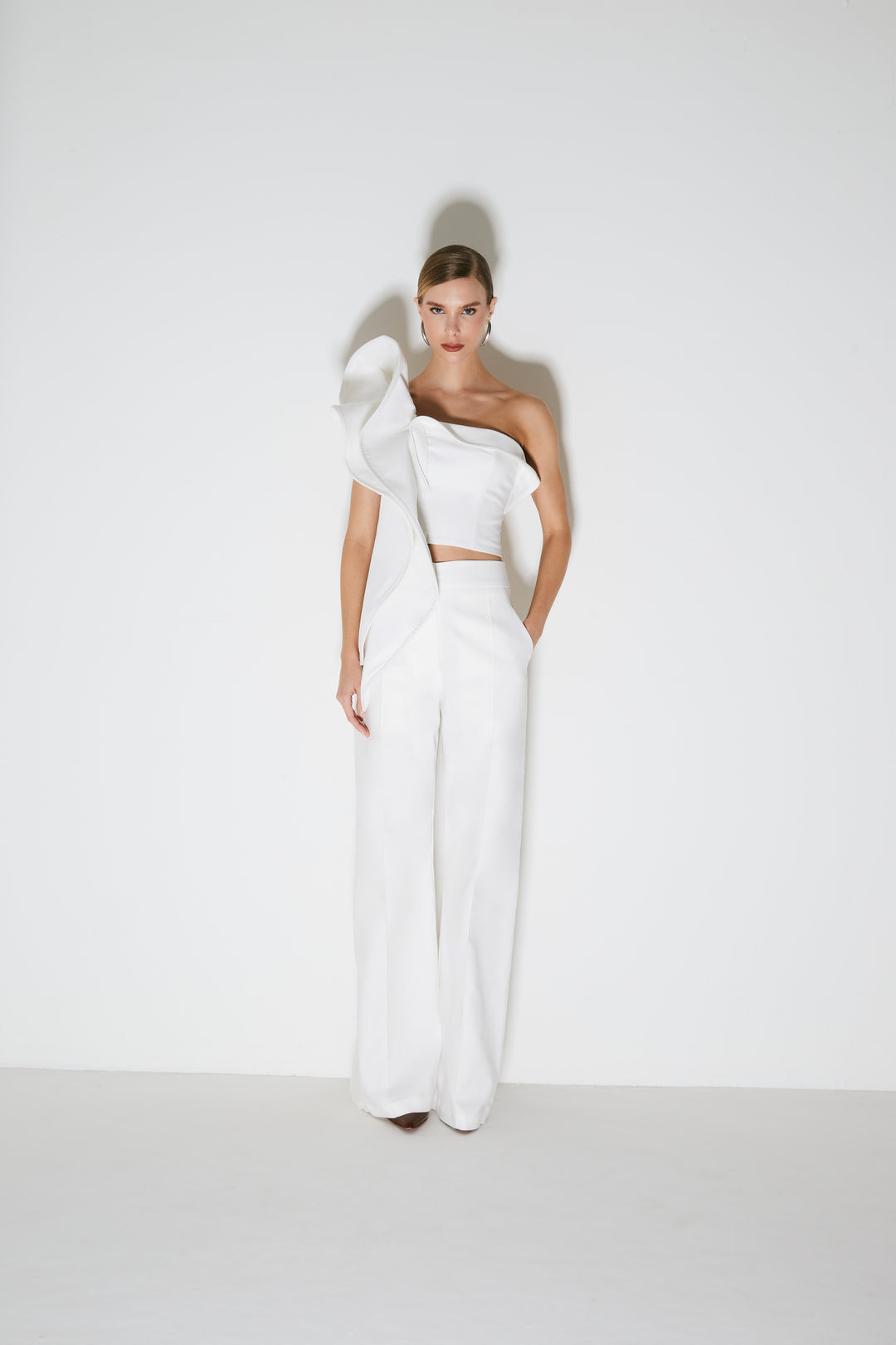 Structured Cascade Ruffle Crop Top