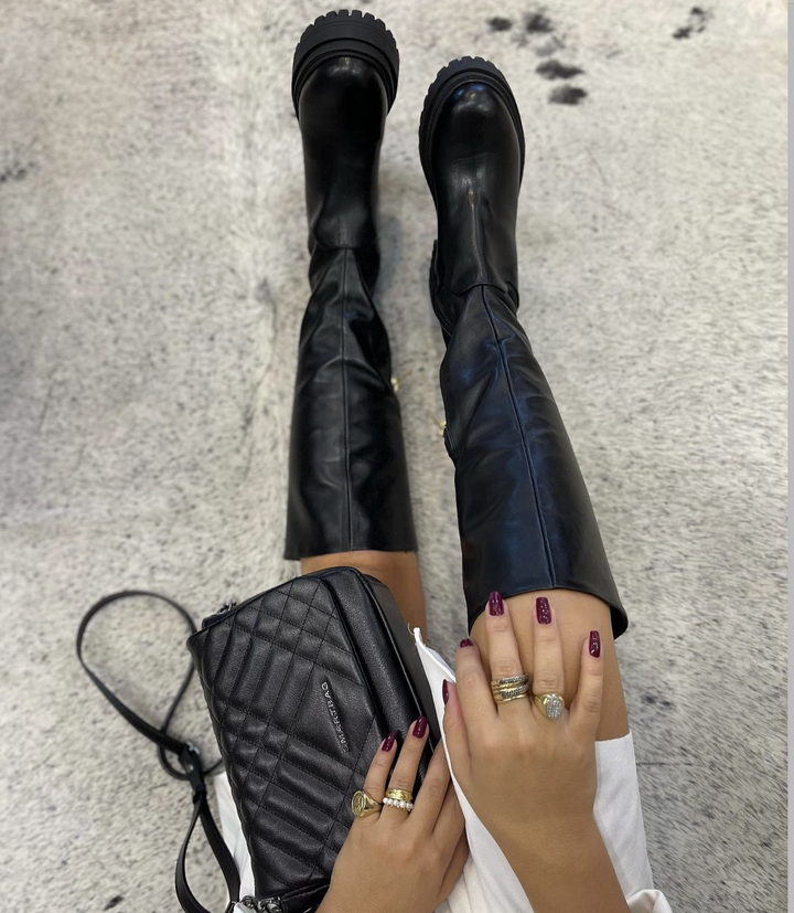 Long Shaft Boot with Tractor Sole in Black Leather Carrano